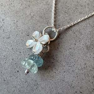 Necklaces: Hydrangea Flower Necklace with Aquamarine Beads – Sterling Silver