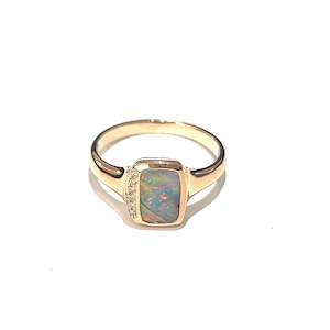 Rings: 9ct Rose Gold Rainbow Boulder Opal with Diamond Ring