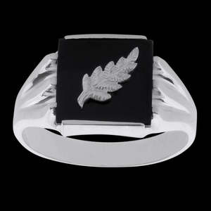 Gents Black Onyx Silver Fern Signet Ring
