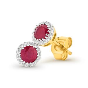 Jewellery Ruby: 9ct Yellow Gold Ruby & Diamond Earrings
