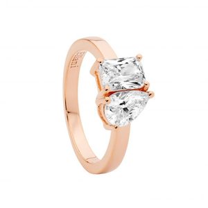 Rings: Sterling Silver Rose Gold Plate Moi et Toi Style CZ Dress Ring
