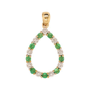 Jewellery Emerald: 9ct YG Teardrop Pendant with Emeralds & Diamonds