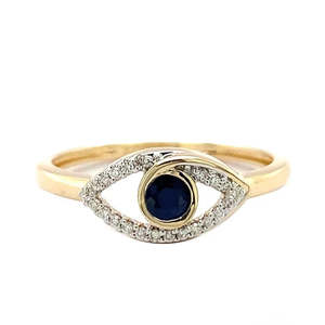 Fashion Jewellery: 9K Yellow Gold Sapphire & Diamond "Evil Eye" Ring