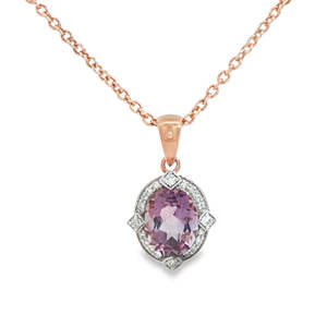 9ct Rose Gold Pink Amethyst & Diamond Pendant
