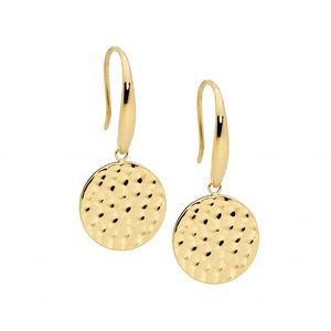 Ellani Collections: Stainless Steel Gold Plate Textured Disc Drop Earrings