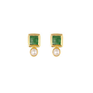 Jewellery Pearls: GOLD PLATED STERLING SILVER STUD EARRING WITH GREEN AVENTURINE AND FRESHWATER PEARL