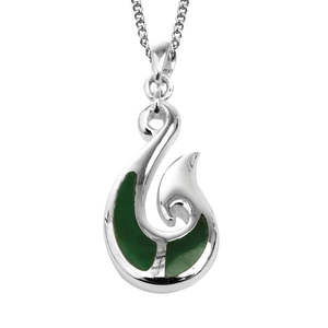 Necklaces Pendants: Pounamu and Silver 2 Stone Hook Pendant