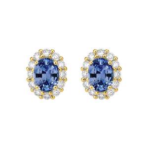 18ct yellow gold earrings featuring a 6x4mm oval cut Ceylon Sapphires with a hal&hellip;