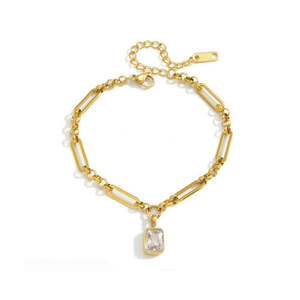 Gold Stainless Steel Mixed Link Bracelet with CZ Detail