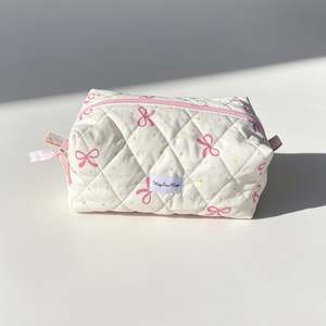 Cream Pink Bow Quilted Makeup Bag – Heart Lined Cosmetic Pouch