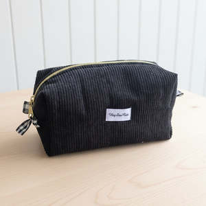 HEYSEWCUTE XL CORDUROY MAKEUP BAG - BLACK WITH BLACK GINGHAM LINING
