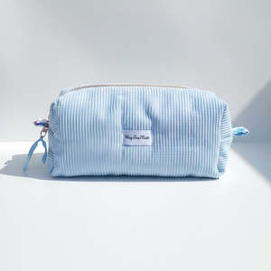 HEYSEWCUTE XL CORDUROY MAKEUP BAG - SKY BLUE CHERRY HEART LINING