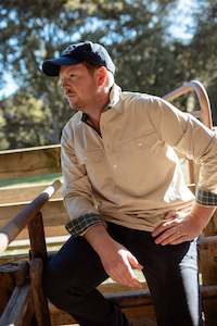 George Workshirt in Stone with Check Contrast - Mid Weight