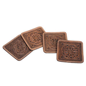 Accessories: Leather Hand Carved Coaster Set (4) - Dark Brown