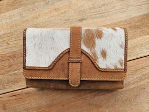 Cowhide Bags: Amber - Aged Leather & Cowhide Tri Fold Wallet
