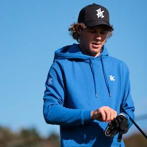 Outerwear: COBALT WAFFLE KNIT HOODIE