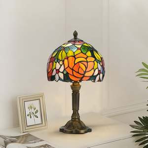 Tiffany Rose Handcrafted Stained Glass Lamp Desk Bedside Table Lamp LED