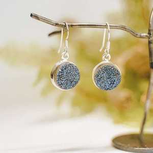 Toro Round Navy Druzy Gemstone Sterling Silver Earrings