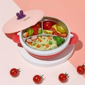 Bento Lunch Boxes: 3 Grids Thermal Stainless Steel Baby Toddler Suction Plate /Bowl 4 Pieces Set -Red