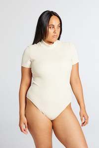 Tees: RIBBED T-SHIRT BODYSUIT CREAM