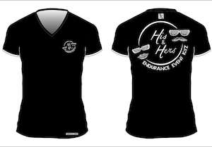 His and Hers Running t-shirt, Womens V neck Cut, Black with White sleeve trim �&hellip;