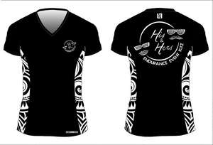 Products: His and Hers Running t-shirt, Womens cut V neck, Black with Tribal design down both sides – His & Hers Endurance Event KITZ