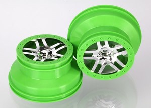 Usa Warehouse Stock: Traxxas 6872X - Wheels Sct Split-Spoke Chrome Green Beadlock Style dual profile (2.2" outer 3.0" inner) (4WD front/rear 2WD rear) (2)