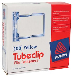 Avery Clip File Fastener Yellow 100 Pack
