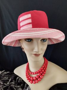 R263: Deep red linen/cotton hat with stripe reverse and Hokianga Hats