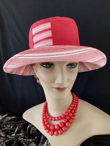 Products: R263: Deep red linen/cotton hat with stripe reverse and Hokianga Hats