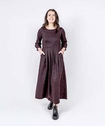 Dress: Long Pleated Linen Dress - Mahogany
