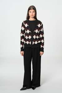 DINADI Merino Checkered Cardigan - Merlot Red