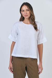 Linen Round Neck Top - White Line
