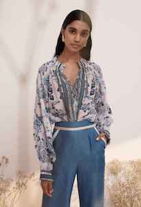 ONCE WAS Devi Silk Blouse Taj Blue