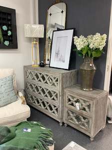 Clearance: Package/ Mirrored French Country Distressed 3 Drawer Dresser +2 bed Sides