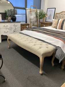 New Arrival: Buttoned Bench Beige Linen/Oak / Weather Washed