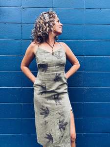 Linen Cotton: Khaki Strappy Liquid Amber Dress ~ Linen ~ XS