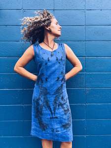 Linen Cotton: Blue Zip Dress ~ Linen ~ L/XL