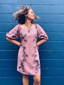 Linen Cotton: Pink Puff Sleeved Dress ~ Linen ~ L