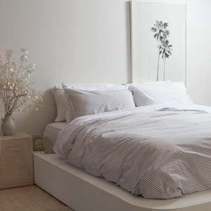 Bedding: 100% Stonewashed Cotton Duvet Set- Wide Light Grey Stripe