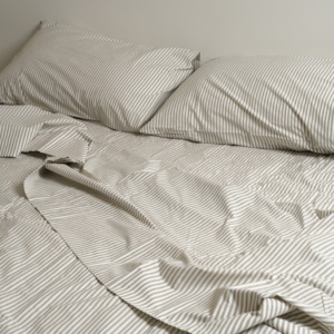 Bedding: 100% Stonewashed Cotton Sheet Set- Olive Stripe