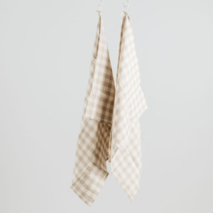 100% French Linen Tea Towel - Set 2-Natural Gingham