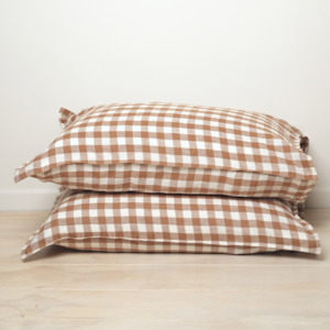 Ginger Gingham Collection: 100% French Flax Linen Pillowcase Pair- Ginger Gingham