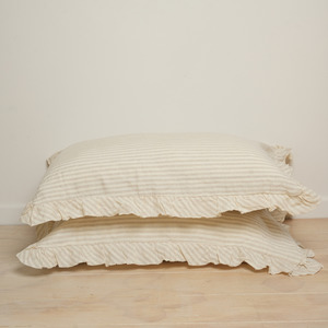 100% French Flax Linen Ruffle Edge Pillowcase Pair- Sand Stripe
