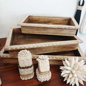 Wooden Carved Trays Set x3