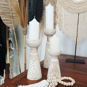 Homewares: Carved Candle Holders Set x3