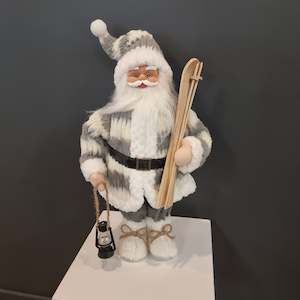 Christmas: Santa with Grey/White stripe coat W/skis and lantern
