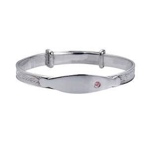Childrens Jewellery: Sterling Silver Engraved Expanding Bangle with ID Plate and Pink Cubic Zirconia