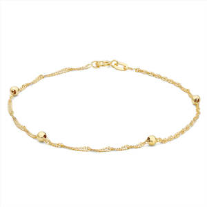 9K Yellow Gold 3mm Balls and Twist Curb Chain Bracelet 19cm