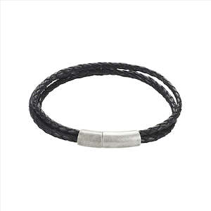 Mens Jewellery: Black Leather Triple Strand Bracelet with Antique Plated Stainless Steel Clasp